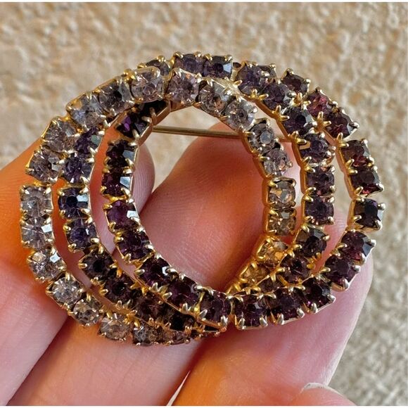 Vintage Purple & Clear Rhinestone Triple Circle Brooch - Picture 2 of 5